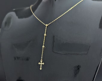 Elegant 14k Gold Rosary Necklace with Delicate Beads and Crucifix, Dainty Lariat Cross Necklace, Crossnecklaces, 14k Gold Gift Cross