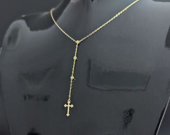 Elegant 14k Gold Rosary Necklace with Delicate Beads and Crucifix, Dainty Lariat Cross Necklace