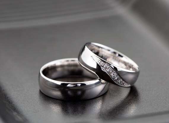 0,10 Ct Silver Wedding Band Set, Diamond Couple Wedding Ring