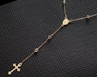 14k Solid Gold Rosary Necklace with Stones, Miraculous Virgin Mary Medal and Cross Chain, Gold Cross Necklace For Women