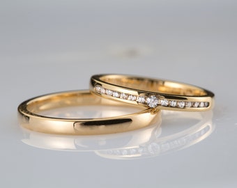 Wedding Ring Set 14k Gold His and Hers, Classic Wedding Band Set with Moissanites, Gold Couple Diamond Rings, Gold Matching Wedding Rings