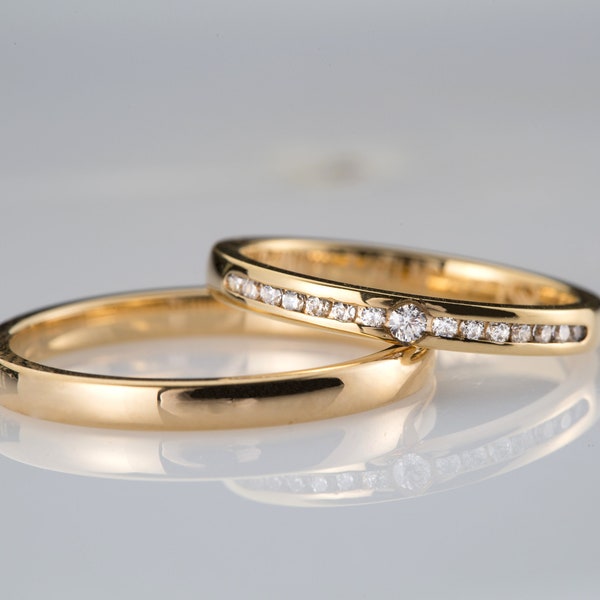 Wedding Ring Set 14k Gold His and Hers, Classic Wedding Band Set with Moissanites, Gold Couple Diamond Rings, Gold Matching Wedding Rings