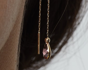 14k Solid Gold Threader Ruby Earrings, Gold Earrings for Women, Long Threader Chain, Gold Ruby Earrings 14k, Dangle Long Chain Earrings