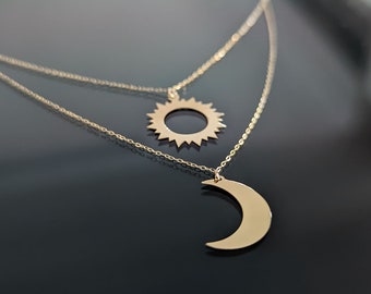 14k Solid Gold Moon and Sun Necklace for Women, Celestial Beauty, Mom Necklace, Minimalist Layered Gold Necklace