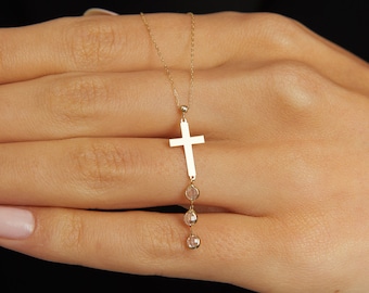 14k Solid Gold Cross Necklace, Zircon Drop Pendant, Fine Jewelry