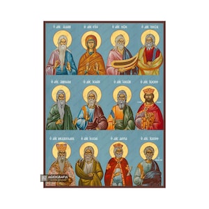 Ancestors of Jesus Christ - Wood Handcrafted Icon with Blue Background - Mounted - Free Shipping - Gift Case