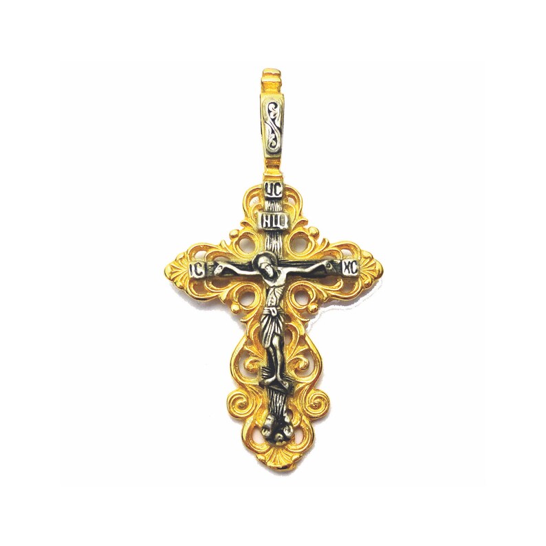 Crucifix Pendant Handmade DOUBLE GILDED Silver Stainless steel chain and Luxury Gift Box incl. Two Sides with Jesus Christ /& Prayer