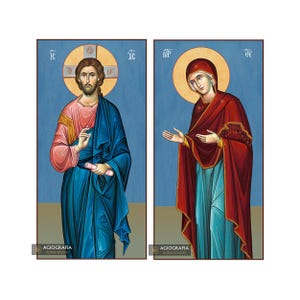 Set of 2 Cathedral Icons - Jesus Christ & Virgin Mary - GOLD LEAF - Wood - Handcrafted Icon - Mounted - Free Shipping - Gift Case