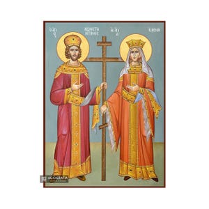Saints Constantine and Helen - Museum Print Technique with Blue Background in Case - Mounting point and Gift Ready