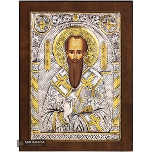 Sint Gregorius van Nyssa, zilveren en vergulde christelijk-orthodoxe icoon op hout.