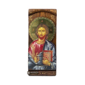 Jesus Christ - Wood curved Byzantine Christian Orthodox Icon on Natural solid Wood