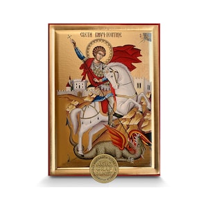 Saint George Serbian Orthodox icon - Handmade Recessed Panel & Gold Leaves in a Icon CASE - Mounting point and Stand - GIFT READY