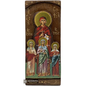 Santa Sofia e le sue figlie - Icona ortodossa bizantina cristiana curva su legno massello naturale