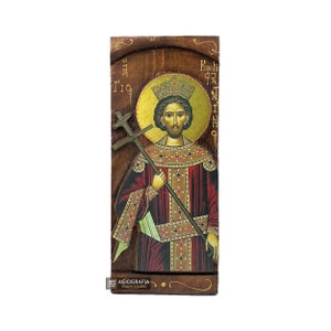 St Constantine - Wood curved Byzantine Christian Orthodox Icon on Natural solid Wood