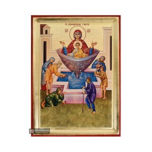 Virgin Mary Fountain of Life (Zoodochos Pigi) - Handmade Recessed Panel & Gold Leaves in CASE - Mounting point and Stand - GIFT READY