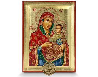 Virgin Mary Jerusalem - Orthodox icon - Handmade Recessed Panel & Gold Leaves in a Icon CASE - Mounting point and Stand - GIFT READY