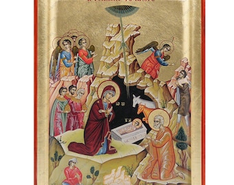 Jesus Christ Nativity - Mount Athos Orthodox Icon with Gold Leaves - Free Shipping & Gift Box