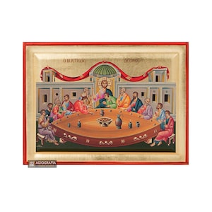 Mystical Supper - Handmade Recessed Panel & Gold Leaves in a Icon CASE - Mounting point and Stand - GIFT READY