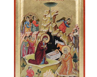 Natividad de Jesucristo - Icono ortodoxo del Monte Athos con hojas doradas - Envío gratuito y caja de regalo