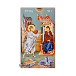 Annunciation of the Theotokos - Museum Print Technique with Blue Background in Case - Mounting point and Gift Ready