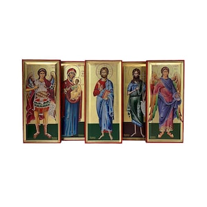 Set 5 Iconos Jesucristo - Virgen María - San Juan - Arcángeles Miguel y Gabriel - Panel empotrado hecho a mano y hoja de oro - ESTUCHES para Iconos