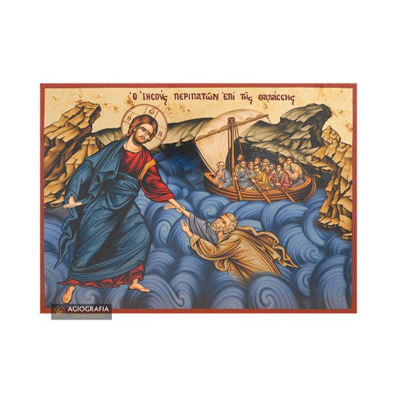 Jesus Christ Walking on the Water - Aged Gold Foil Background