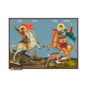 Saints George en Demetrius - BLADGOUD - Hout - Handgemaakt icoon - Gemonteerd - Gratis verzending - Geschenkdoos