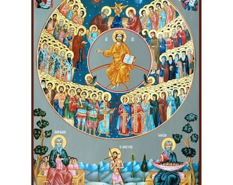 Allerheiligen-Ikone der christlich-orthodoxen Kirche auf Holz mit blauem Hintergrund