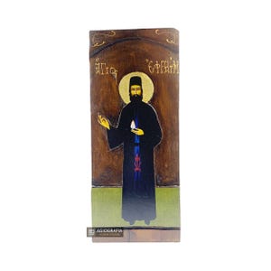 St Efrem of Nea Makri - Wood curved Byzantine Christian Orthodox Icon on Natural solid Wood