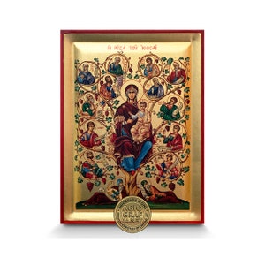 Tree of Jesse Orthodox icon - Handmade Recessed Panel & Gold Leaves in a Icon CASE - Mounting point and Stand - GIFT READY