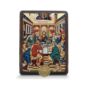 Mystical Supper - Gold Leaf Hand Carved Solid Pine Wood with Ageing Technique - Mounting point - Icon Case GIFT READY