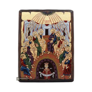 Pentecost Christian Byzantine Orthodox Icon on Wood with Gold Leaf