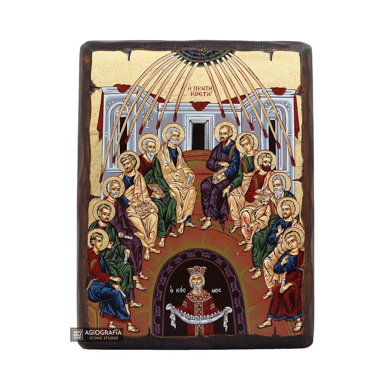 Pentecost Christian Byzantine Orthodox Icon on Wood with Gold Leaf