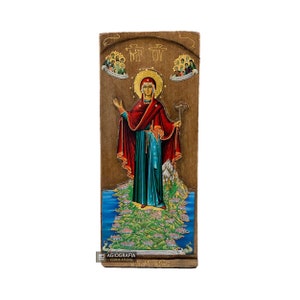Virgin Mary of Mount Athos - Wood curved Byzantine Christian Orthodox Icon on Natural solid Wood