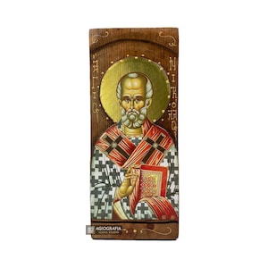 St Nicholas - Wood curved Byzantine Christian Orthodox Icon on Natural solid Wood
