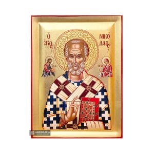 Saint Nicholas Byzantine icon - Handmade Recessed Panel & Gold Leaves Icon CASE - Mounting point and Stand - GIFT READY
