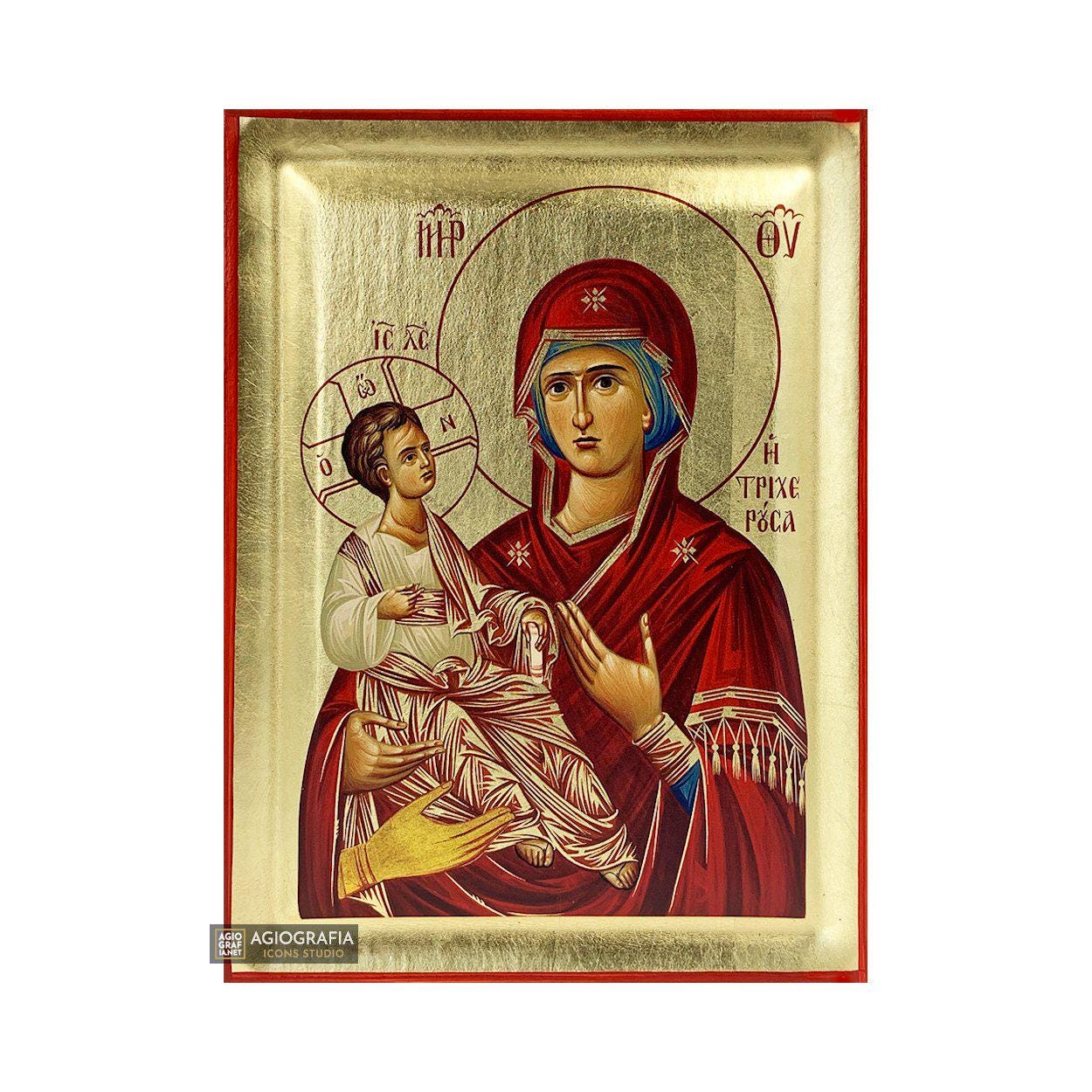Virgin Mary Three Hands Icon - Handmade Recessed Panel & Gold Leaves in ...
