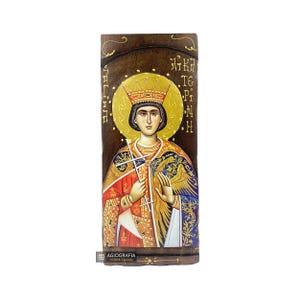 St Catherine - Wood curved Byzantine Christian Orthodox Icon on Natural solid Wood