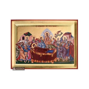 Virgin Mary Dormition - Handmade Recessed Panel & Gold Leaves in Icon CASE - Mounting point and Stand - GIFT READY