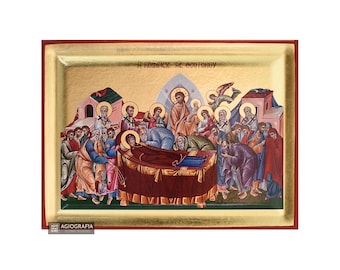 Virgin Mary Dormition - Handmade Recessed Panel & Gold Leaves in Icon CASE - Mounting point and Stand - GIFT READY