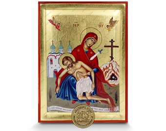 Jesus Christ Descent from the Cross - Mount Athos Orthodox Icon with Gold Leaves - Free Shipping & Gift Box