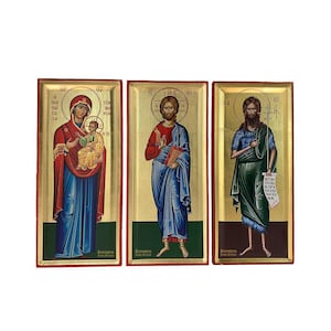 Set 3 Icons Jesus Christ - Virgin Mary - St John - Handmade Recessed Panel & Gold Leaves in Icon CASES - Mounting point - GIFT READY