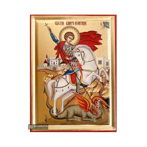 Saint George Serbian Orthodox icon - Handmade Recessed Panel & Gold Leaves in a Icon CASE - Mounting point and Stand - GIFT READY