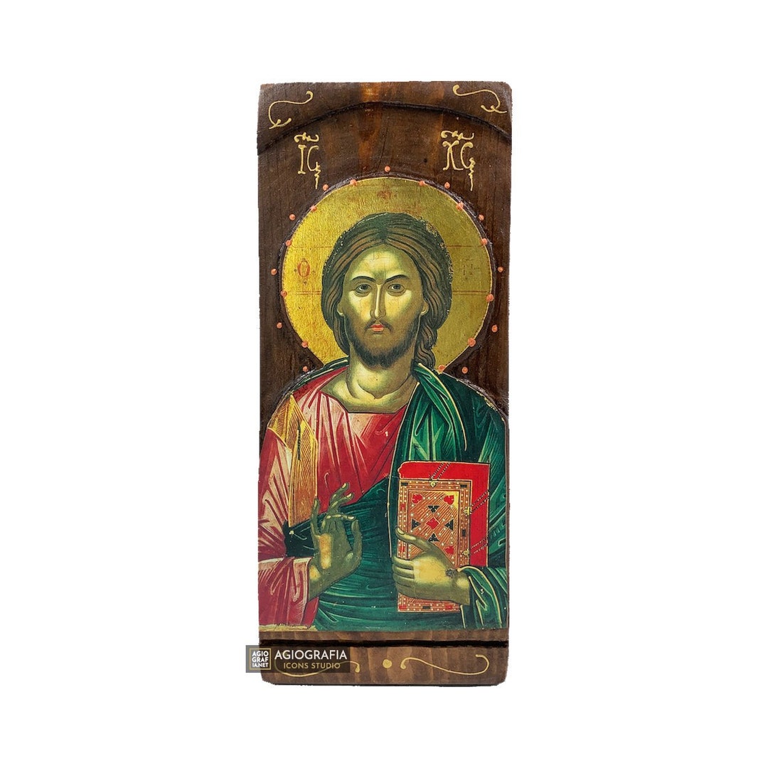 Jesus Christ Wood Curved Byzantine Christian Orthodox Icon on Natural ...