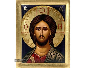 Jesus Christ - Orthodox icon - Handmade Recessed Panel & Gold Leaves in a Icon Case - Mounting point and Stand - GIFT READY