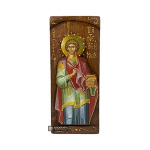 St Panteleimon - Wood curved Byzantine Christian Orthodox Icon on Natural solid Wood