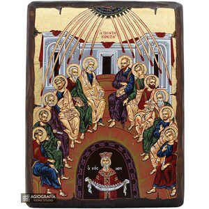 Pentecost Christian Byzantine Orthodox Icon on Wood with Gold Leaf