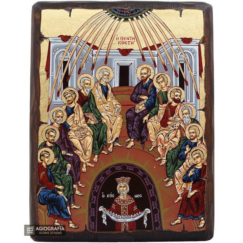 Pentecost Christian Byzantine Orthodox Icon on Wood with Gold Leaf