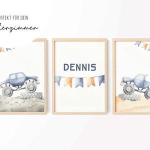 3er Bild Monstertrucks • Bild Poster • Autos • Junge Kinderzimmer • Blau Orange • Geschenkidee • KZ 029