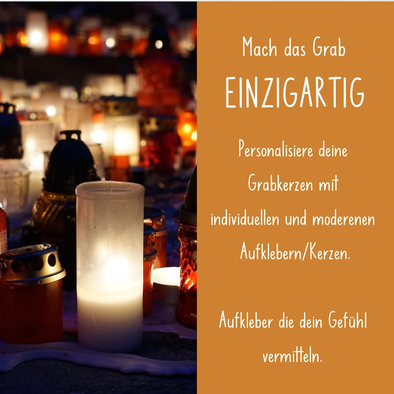 Puede incluir: Un primer plano de una vela encendida con una cubierta de cera blanca. La vela est&aacute; rodeada de otras velas y linternas, todas encendidas y brillando. El fondo es una imagen borrosa de un cementerio de noche. El texto en la imagen dice "Mach das Grab EINZIGARTIG. Personalisiere deine Grabkerzen mit individuellen und moderenen Aufklebern/Kerzen. Aufkleber die dein Gef&uuml;hl vermitteln."